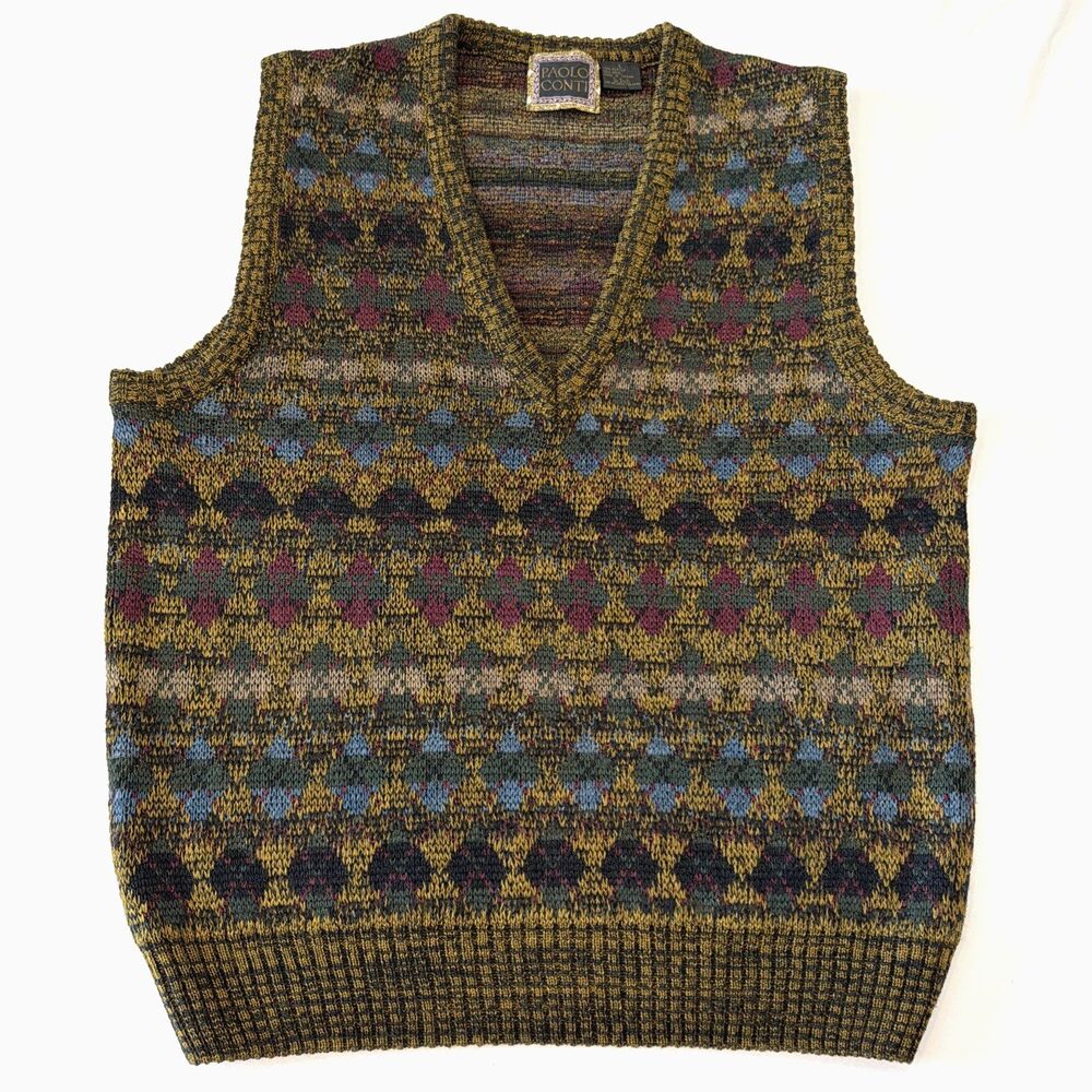 Vtg Mens Sz L Geometric Sweater Vest Retro Wool Blend 90s Cosby Coogi Vibes Golf
